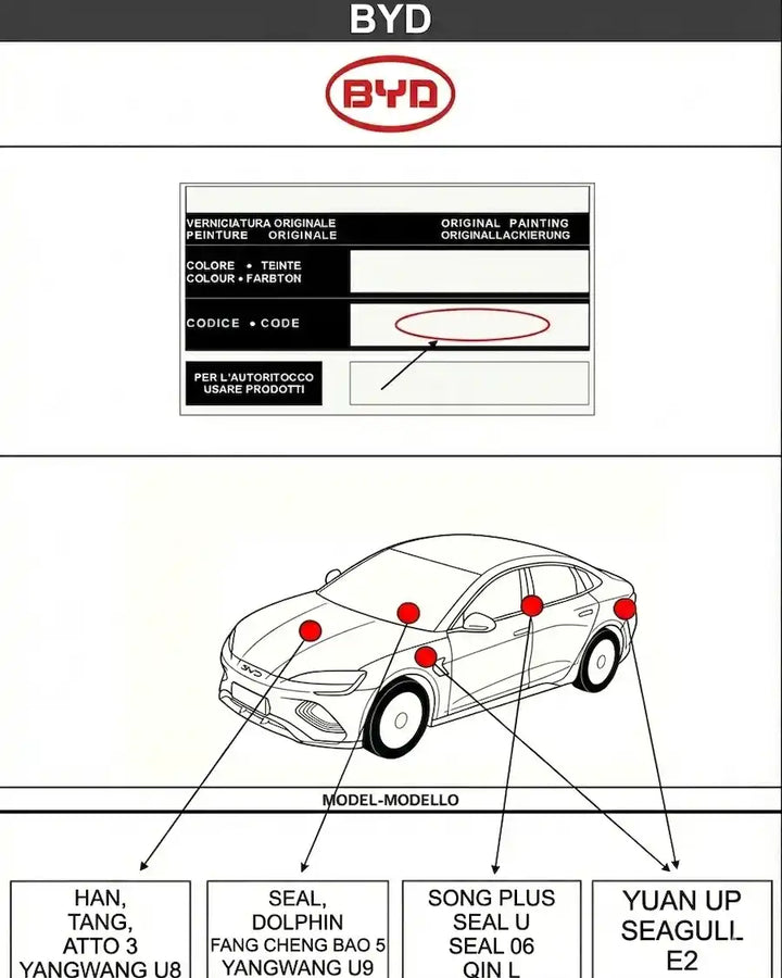 Schéma emplacement code couleur peinture pour BYD - Stycar
