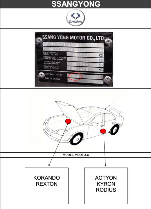 Schéma emplacement code couleur peinture pour Ssangyong - Stycar